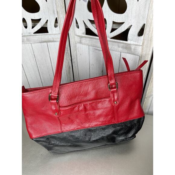 LR Brand Leather Tote Purse Handbag Red Black Top Handle - Picture 2 of 8